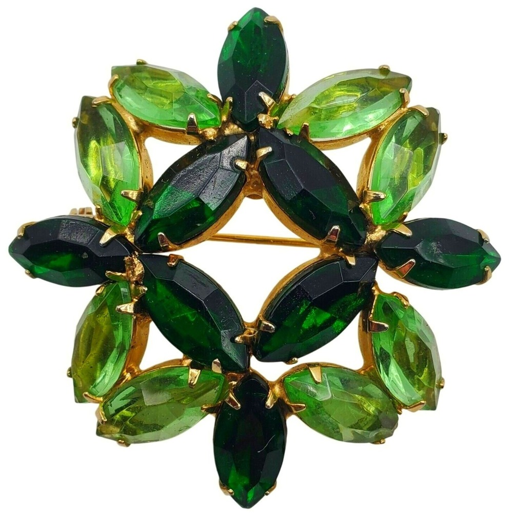 Green Rhinestone Brooch Emerald Peridot Navette Flower Gold Starburst MCM Pin
